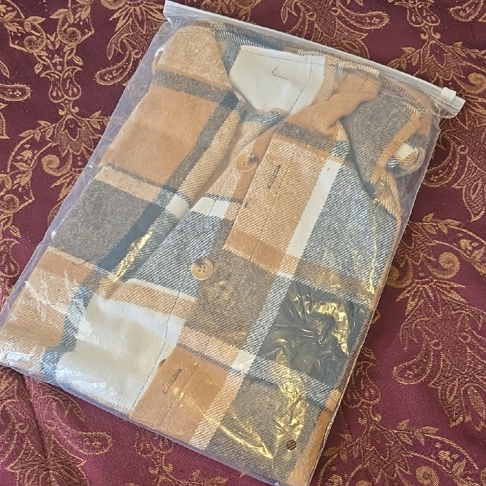 Tan Plaid Flannel Shirt , Size Large, New In Bag. Untocuhed! Fast Shipper. - Picture 3 of 6